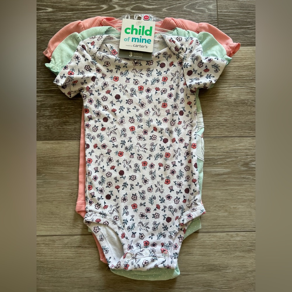 Brand New Carter’s Child of Mine Baby Girl 3 pack Unicorn Onsies